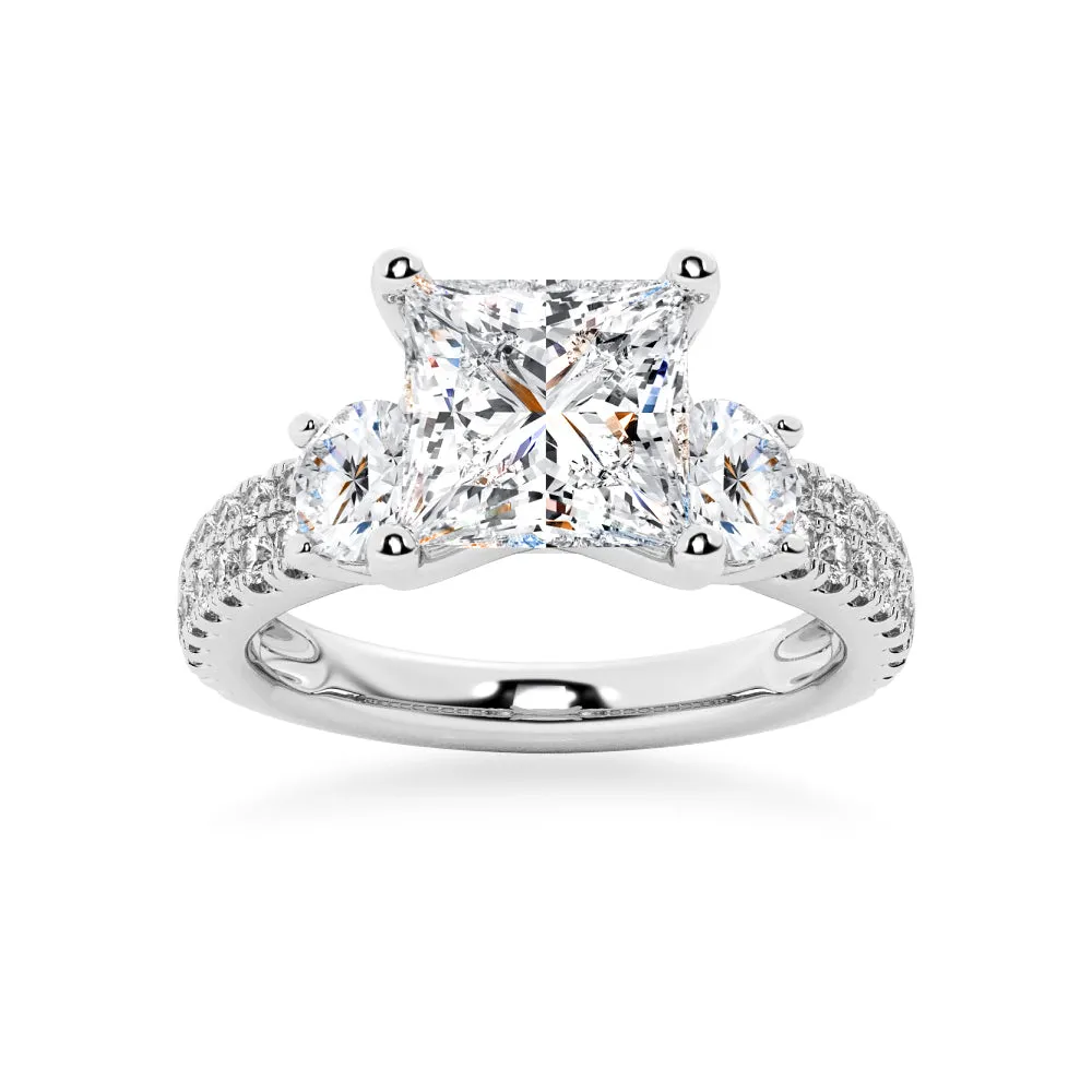 NEW Double Row Pave Three Stone Princess Cut Moissanite Engagement Ring sold by MSBLUE Jewelry