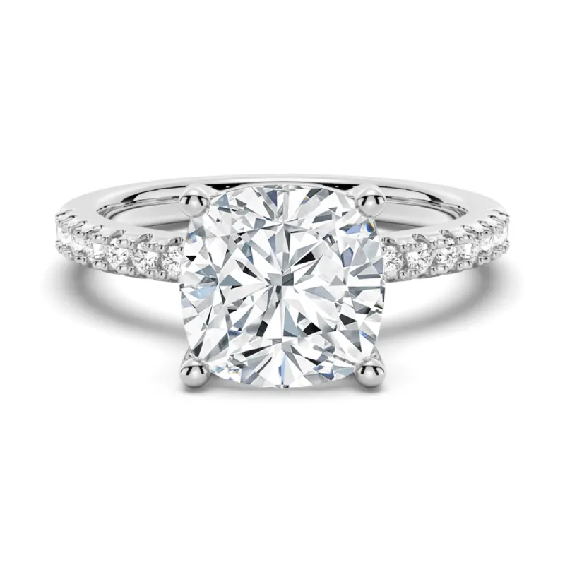 French Pavé Cushion Cut Moissanite Engagement Ring sold by MSBLUE Jewelry