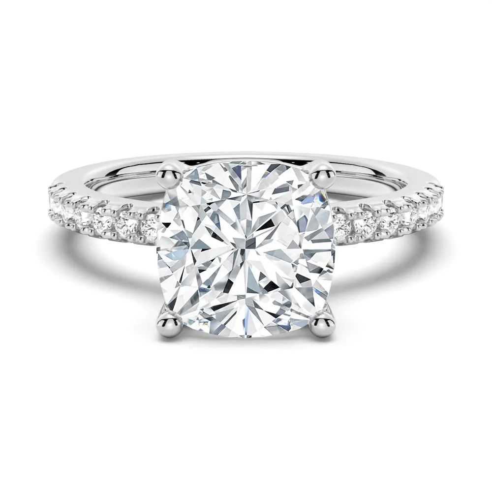 French Pavé Cushion Cut Moissanite Engagement Ring sold by MSBLUE Jewelry