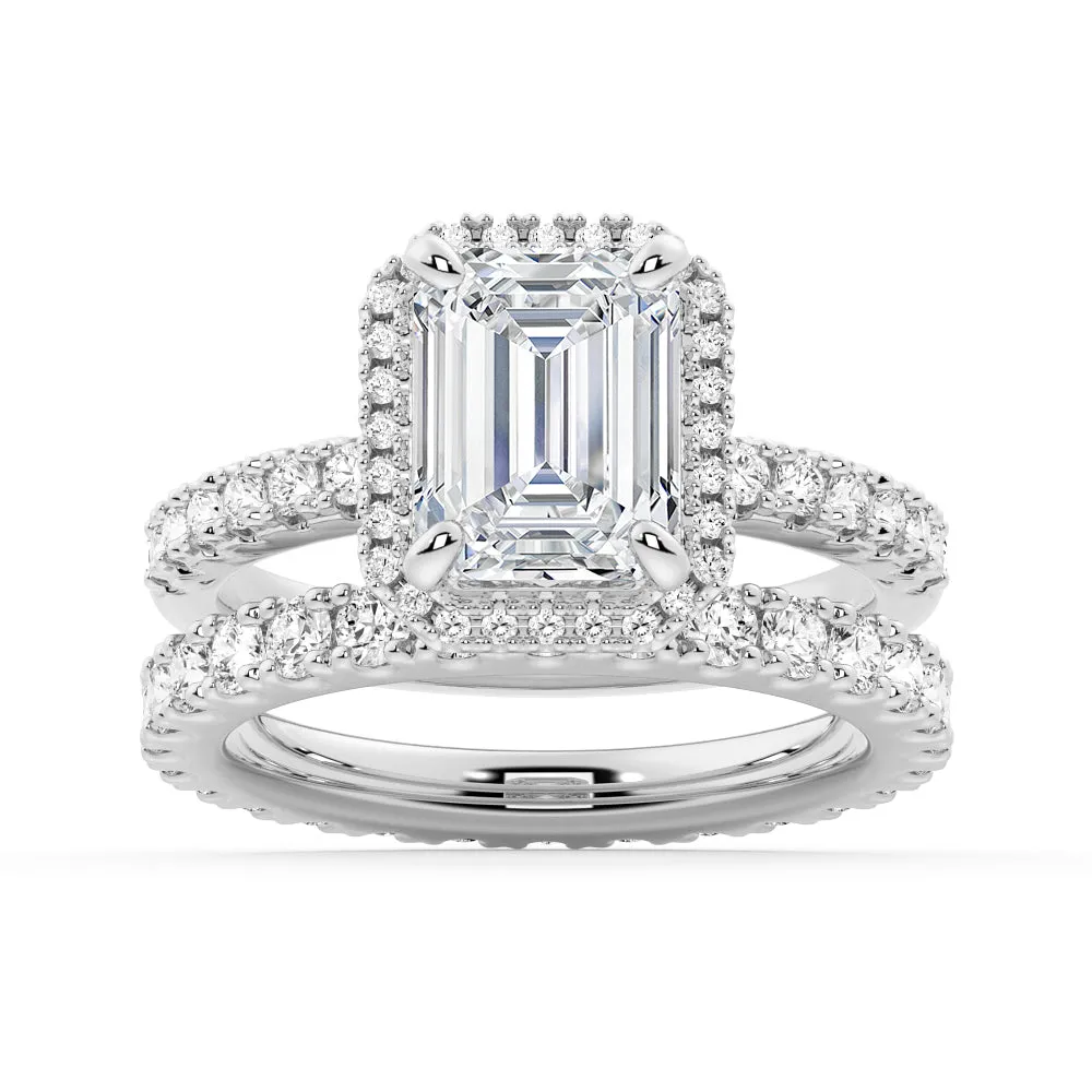 Emerald Cut Halo Moissanite Ring Set with Matching Wedding Band sold by MSBLUE Jewelry