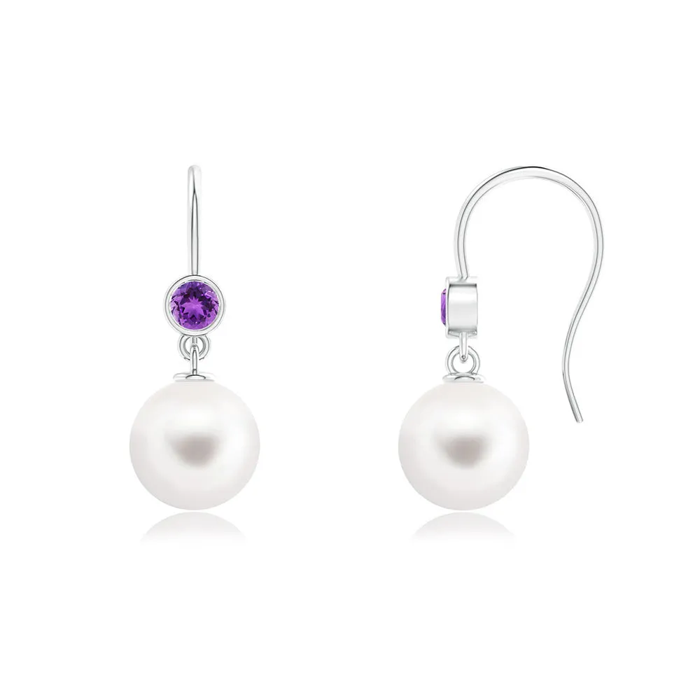 8mm Freshwater Cultured Pearl Earrings with Bezel Set Amethyst sold by MSBLUE Jewelry