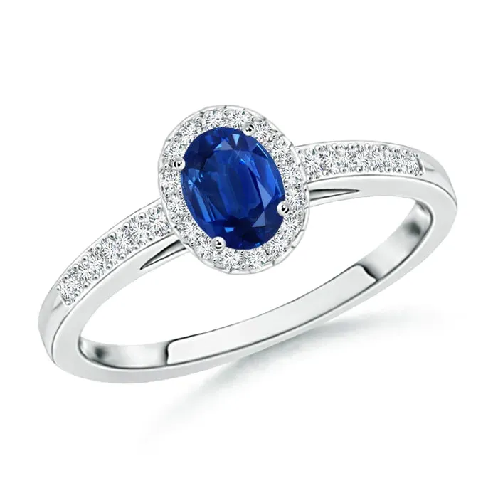 1.5 CT. Oval Blue Sapphire and White Sapphire Halo Micropavé Ring sold by MSBLUE Jewelry