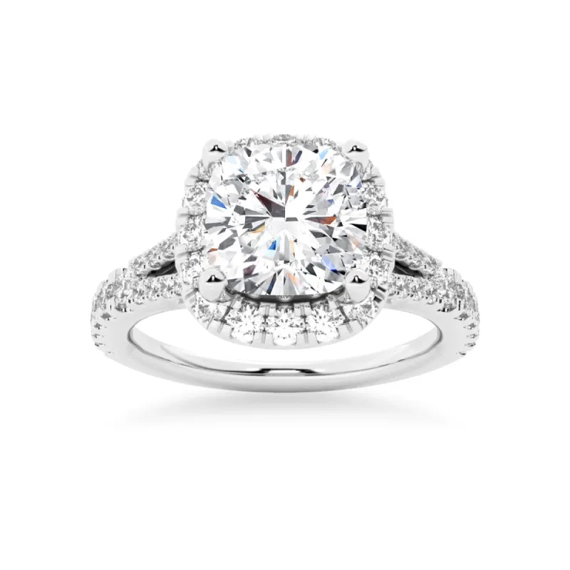 NEW Cushion Cut Split-Shank Moissanite Halo Engagement Ring sold by MSBLUE Jewelry