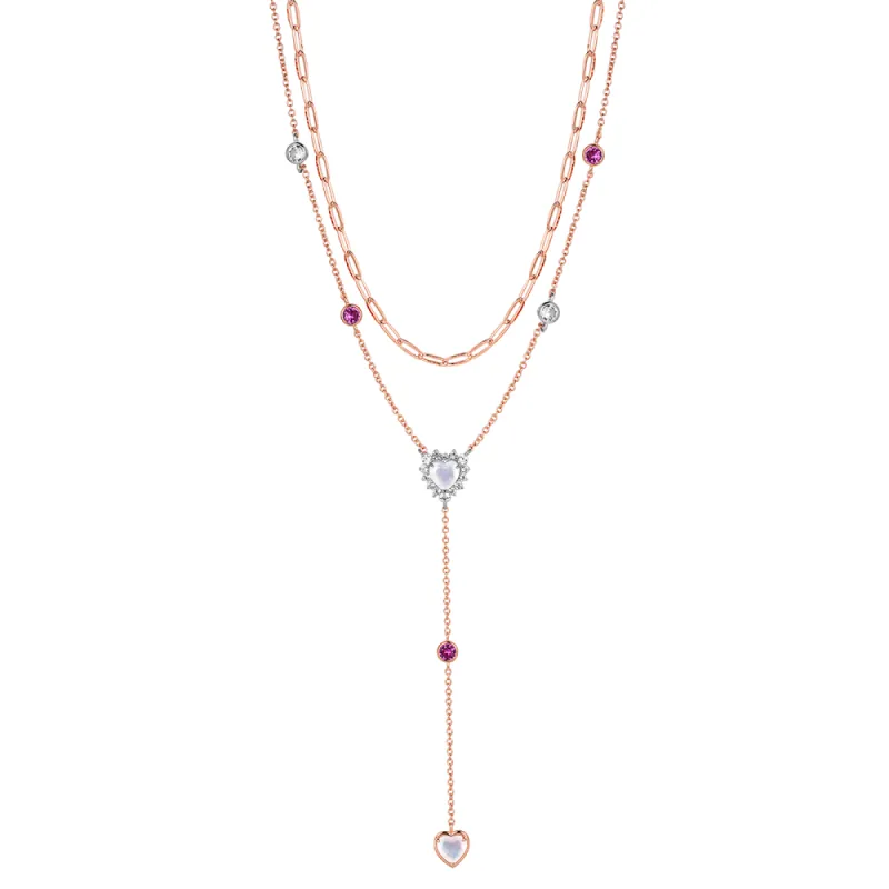 Layered Paper Clip Heart Moonstone Lariat Necklaces With White Sapphire sold by MSBLUE Jewelry