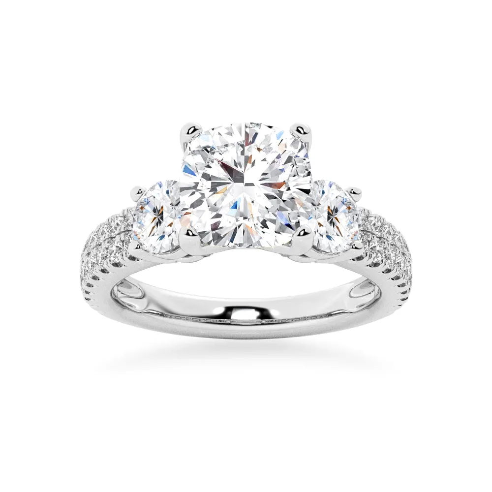 NEW Double Row Pave Three Stone Cushion Cut Engagement Ring sold by MSBLUE Jewelry