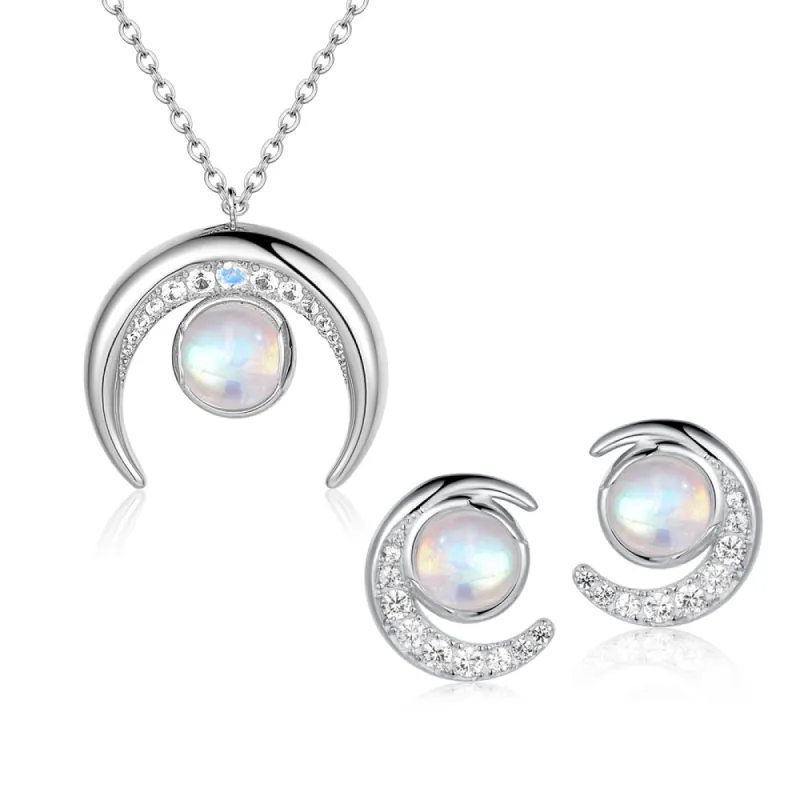 Crescent Moonstone Necklace And Earrings Set With White Sapphire sold by MSBLUE Jewelry