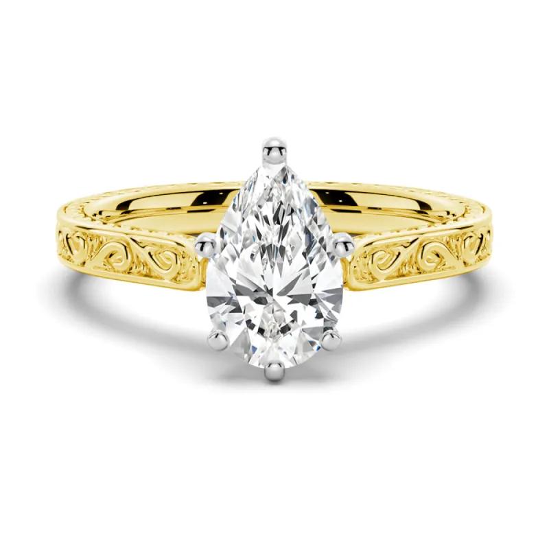 Vintage Two Tone Pear Shaped Moissanite Engagement Ring With Milgrain Edges sold by MSBLUE Jewelry