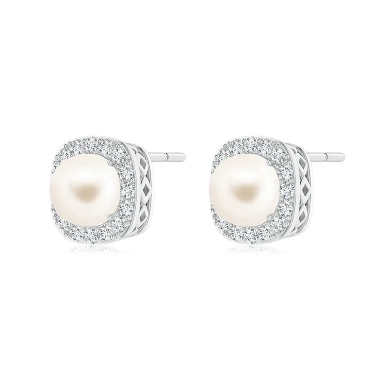 6mm Classic Freshwater Cultured Pearl Stud Earrings with Moissanite Halo sold by MSBLUE Jewelry