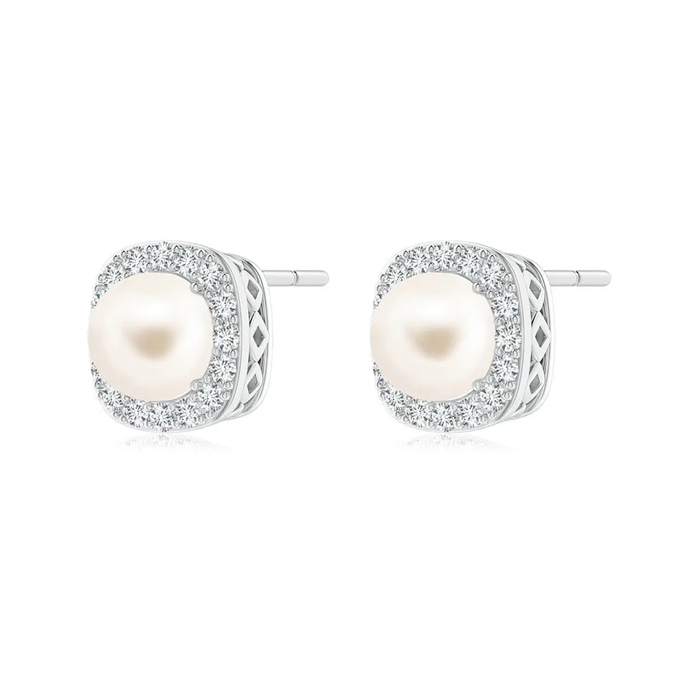 6mm Classic Freshwater Cultured Pearl Stud Earrings with Moissanite Halo sold by MSBLUE Jewelry