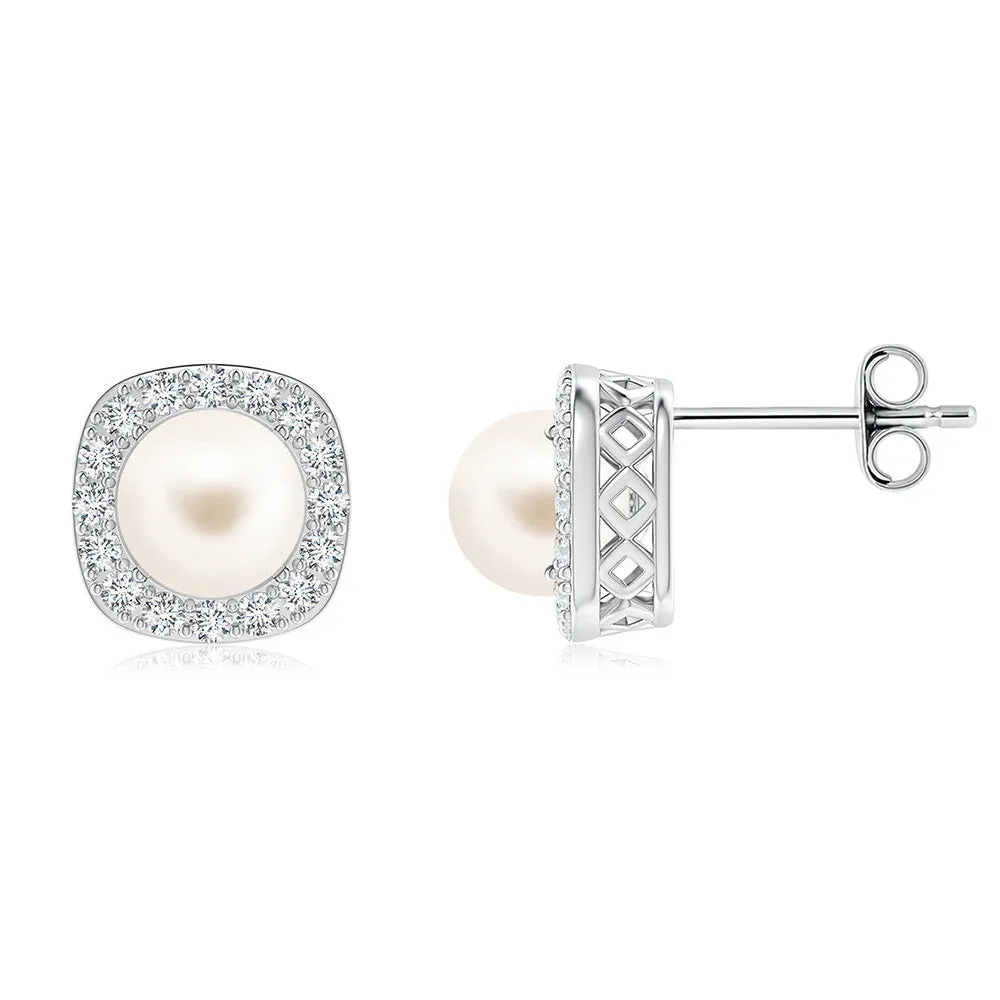 6mm Classic Freshwater Cultured Pearl Stud Earrings with Moissanite Halo sold by MSBLUE Jewelry product image thumbnail 4