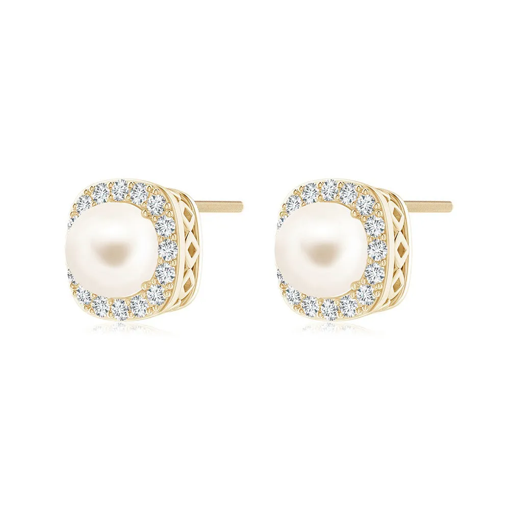 6mm Classic Freshwater Cultured Pearl Stud Earrings with Moissanite Halo sold by MSBLUE Jewelry product image thumbnail 2