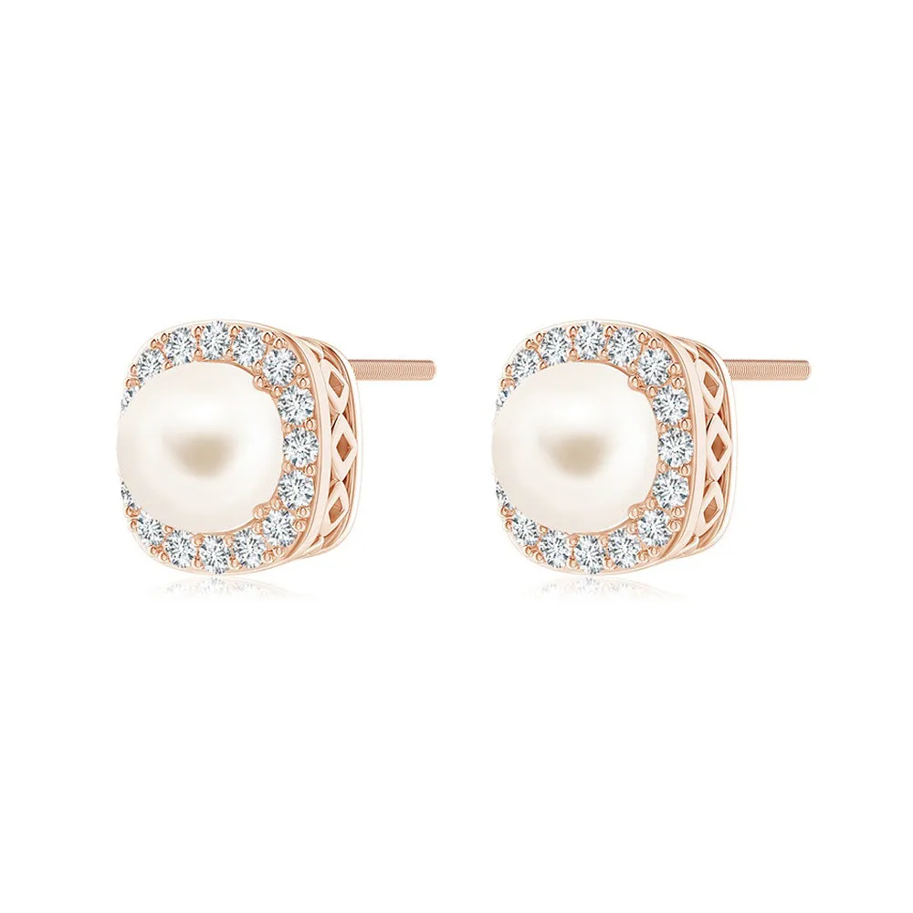 6mm Classic Freshwater Cultured Pearl Stud Earrings with Moissanite Halo sold by MSBLUE Jewelry product image thumbnail 3