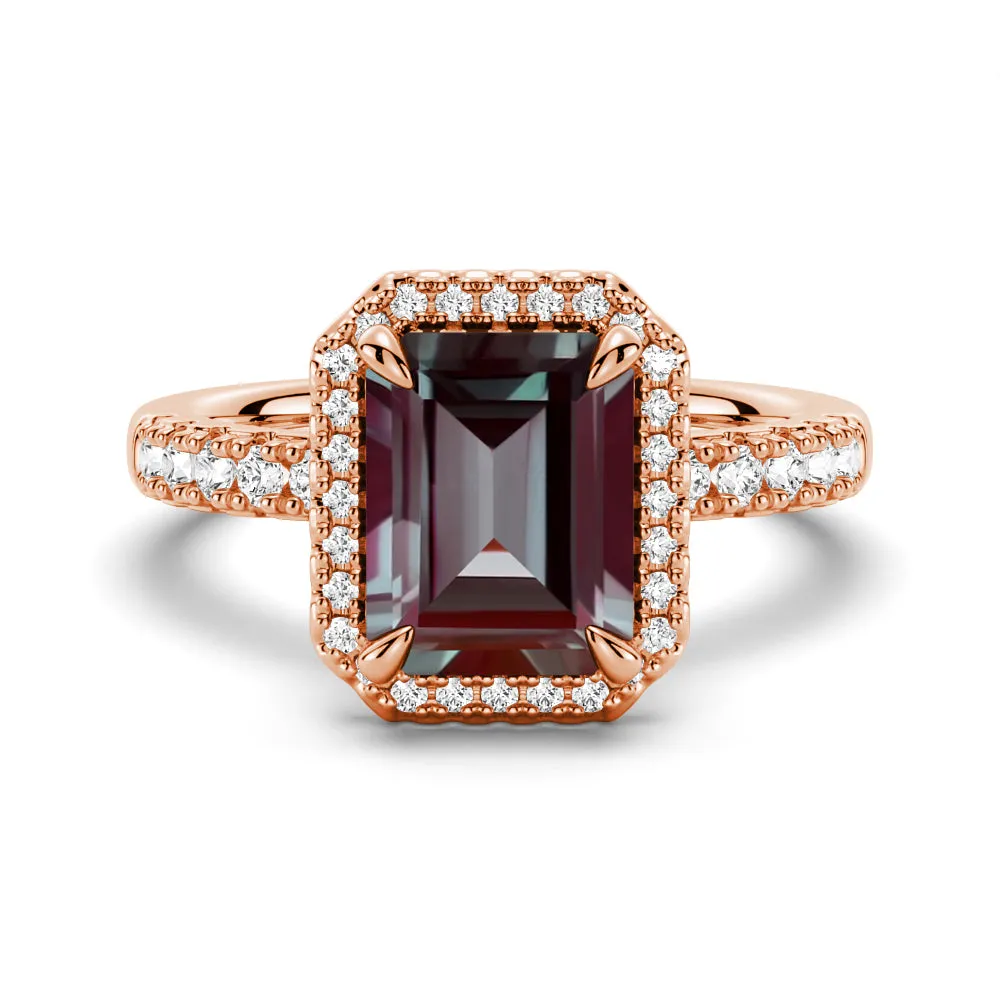 3 CT. Emerald Cut Alexandrite Engagement Ring With Moissanite Halo Pavé sold by MSBLUE Jewelry