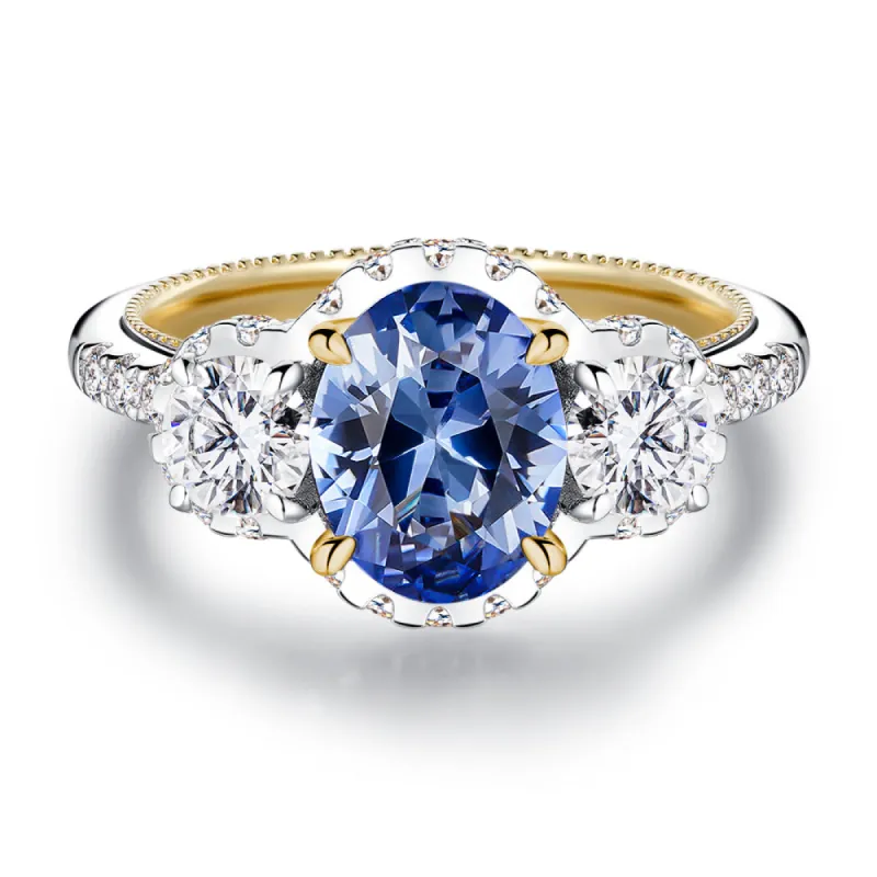 2 CT. Vintage Inspired Two-Tone Oval Cut Sapphire Three Stone Engagement Ring made by MSBLUE Jewelry