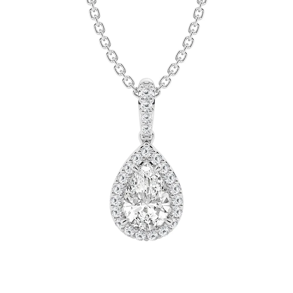 Fancy Pear Shape Halo Moissanite Pendant Necklace sold by MSBLUE Jewelry