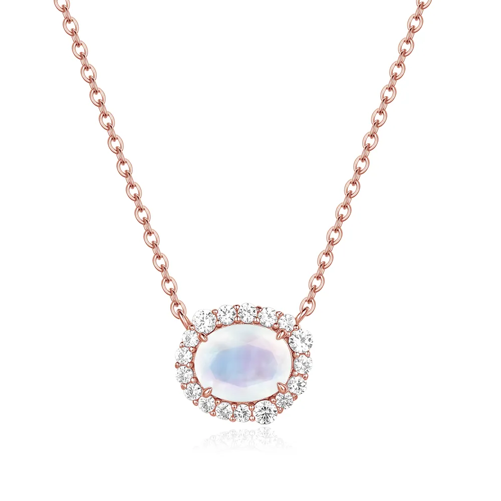 Oval Moonstone Necklace With White Sapphire Halo sold by MSBLUE Jewelry product image thumbnail 2