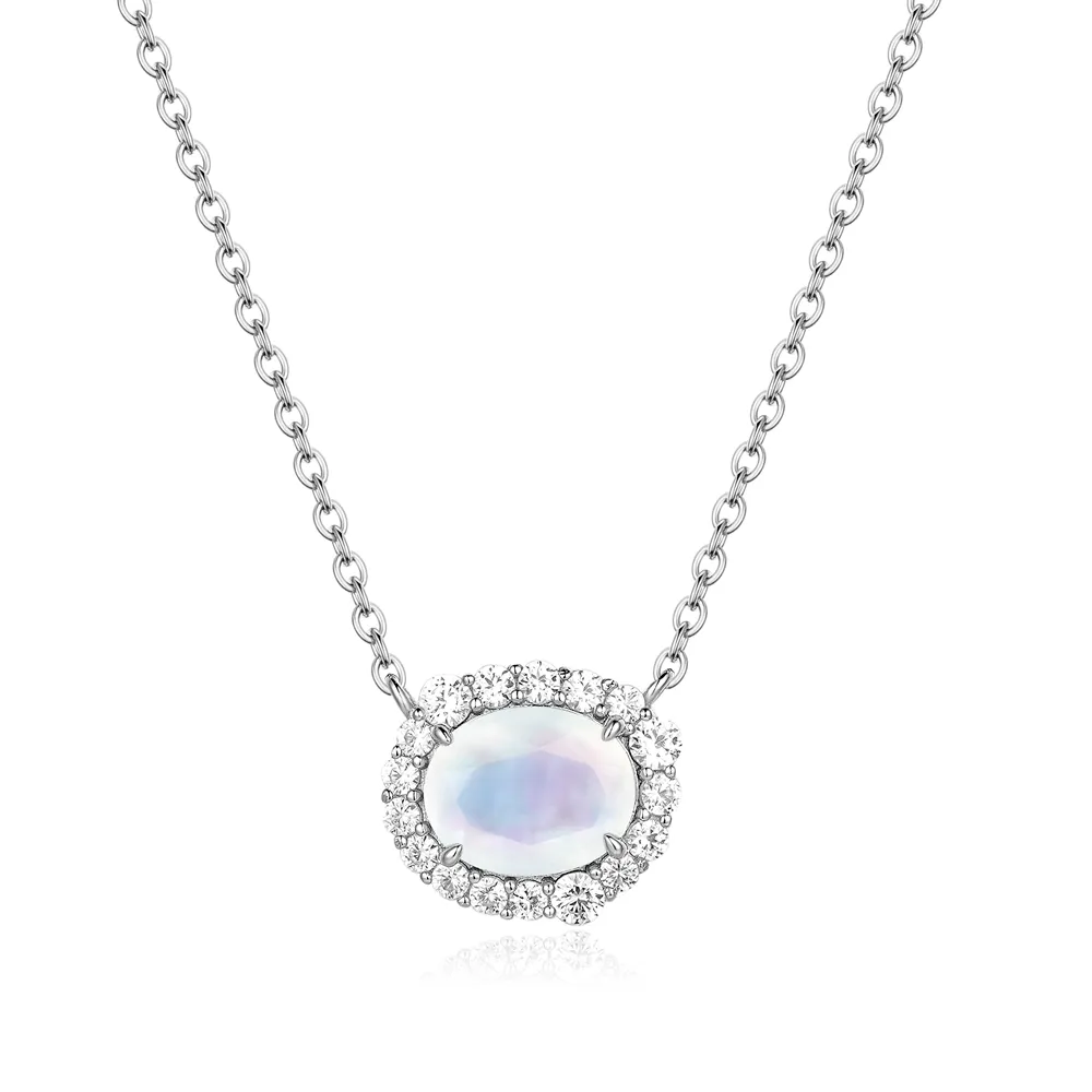 Oval Moonstone Necklace With White Sapphire Halo sold by MSBLUE Jewelry