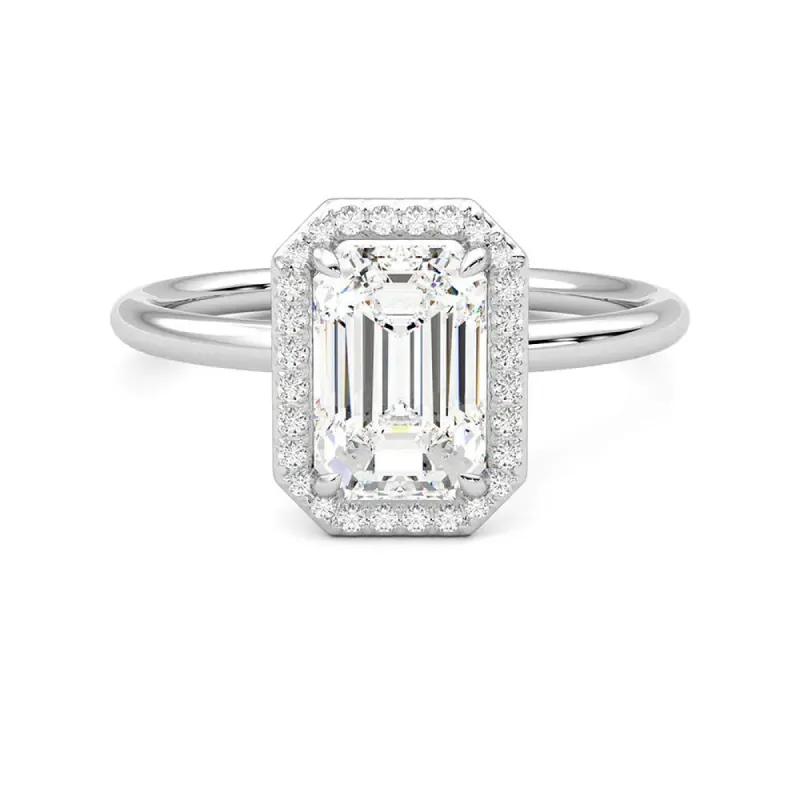 Halo Emerald Cut Moissanite Engagement Ring with Hidden Anniversary Stone Accent sold by MSBLUE Jewelry
