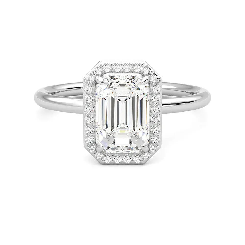 Halo Emerald Cut Moissanite Engagement Ring with Hidden Anniversary Stone Accent sold by MSBLUE Jewelry