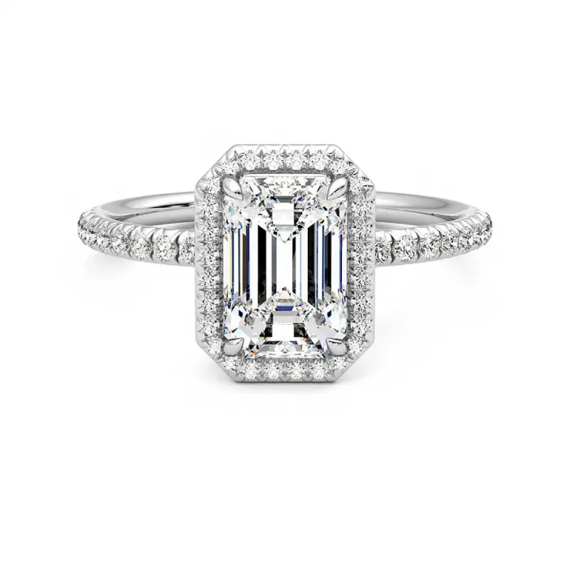 Classic Halo Emerald Cut Moissanite Engagement Ring with Hidden Anniversary Stone Accent sold by MSBLUE Jewelry