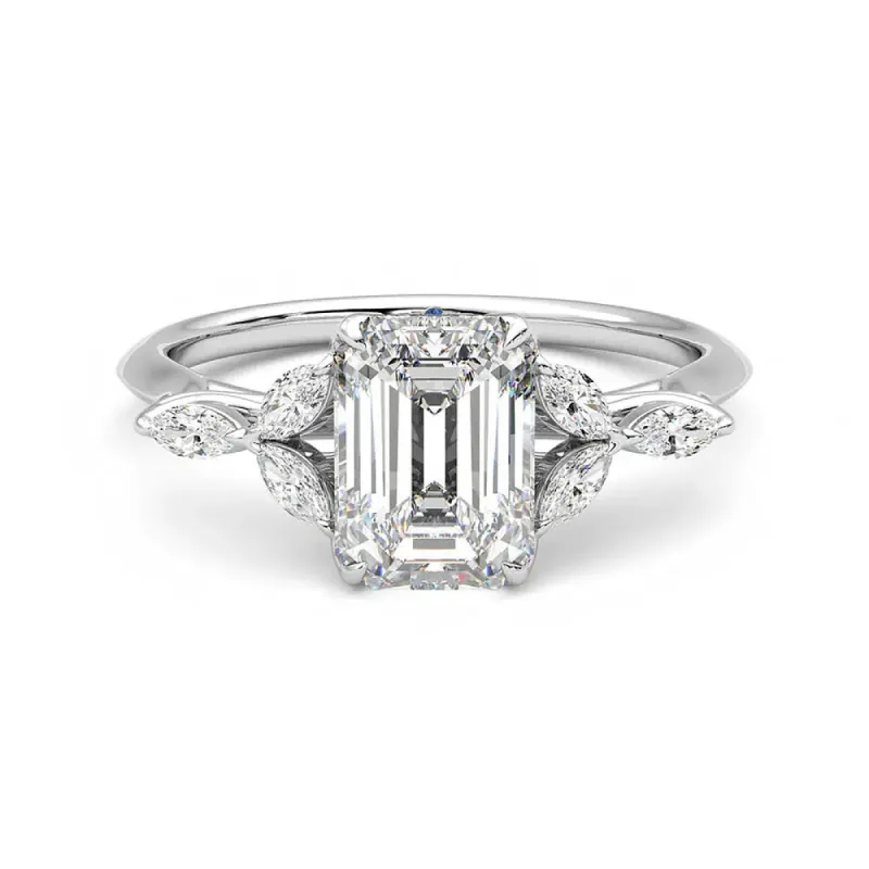 Emerald Cut Moissanite Engagement Ring with Marquise Petals and Hidden Anniversary Stone Accent sold by MSBLUE Jewelry