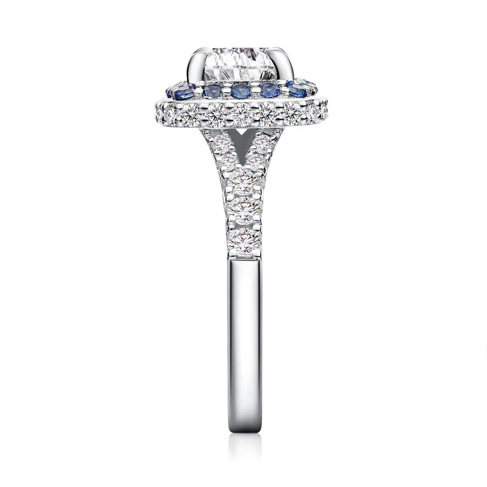 Double Sapphire Halo Cushion Cut Moissanite Engagement Ring With Split Band sold by MSBLUE Jewelry product image thumbnail 3