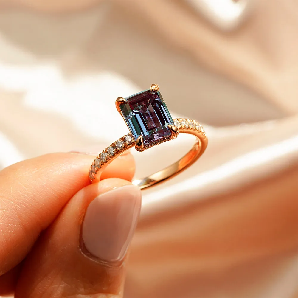 3 CT. Emerald Cut Alexandrite Engagement Ring With Moissanite Hidden Halo sold by MSBLUE Jewelry product image thumbnail 5