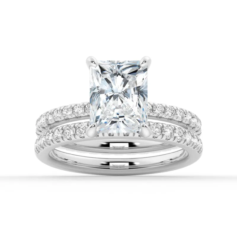 Solitaire Radiant Cut Moissanite Ring Set with Matching Wedding Band sold by MSBLUE Jewelry