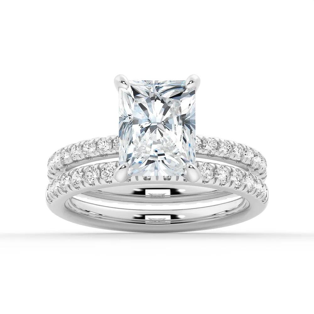 Solitaire Radiant Cut Moissanite Ring Set with Matching Wedding Band sold by MSBLUE Jewelry