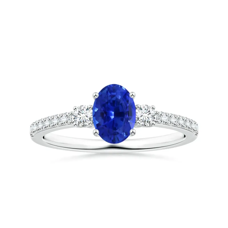 2 CT. Oval Sapphire Three-Stone Ring with White Sapphire Accents sold by MSBLUE Jewelry