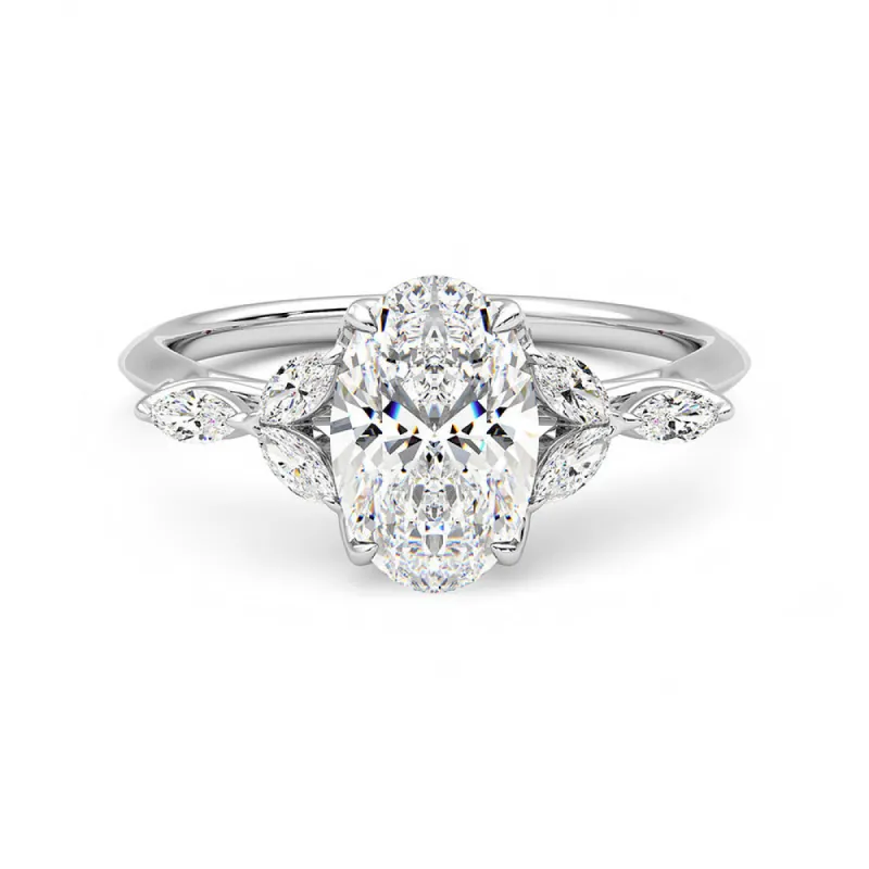 Oval Cut Moissanite Engagement Ring with Marquise Petals and Hidden Anniversary Stone Accent sold by MSBLUE Jewelry