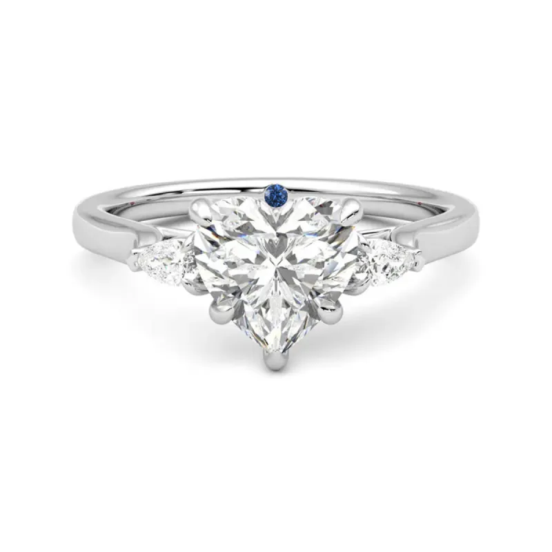 Three Stone Heart Shaped Moissanite Engagement Ring with Hidden Anniversary Stone Accent sold by MSBLUE Jewelry