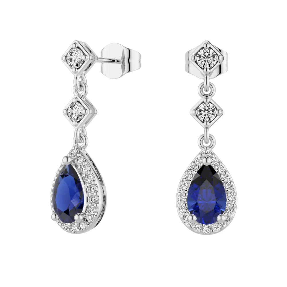 1.24 CT. Pear Blue Sapphire Drop Earrings with Pavé Halo sold by MSBLUE Jewelry