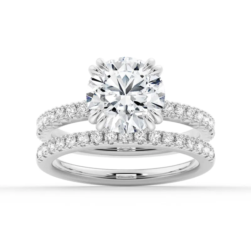 Round Cut Moissanite Ring Set with Matching Wedding Band sold by MSBLUE Jewelry