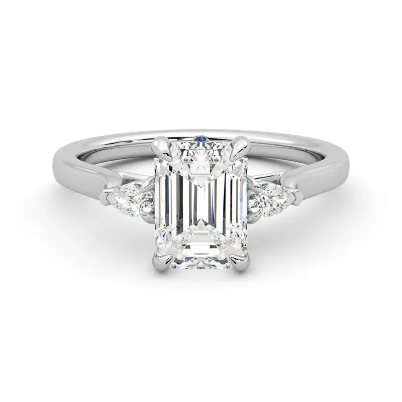 Three Stone Emerald Cut Moissanite and Sapphire Engagement Ring with Hidden Anniversary Stone Accent sold by MSBLUE Jewelry