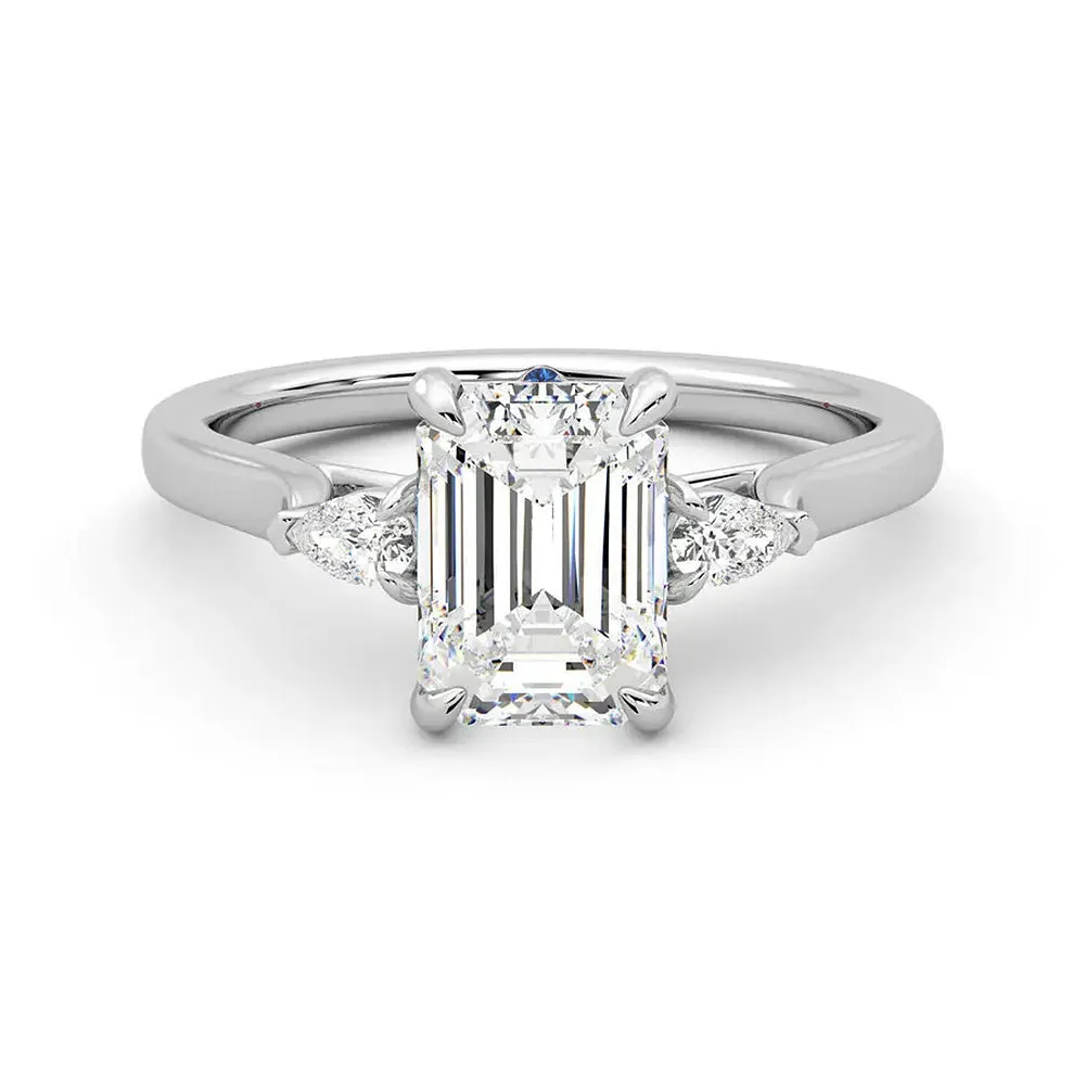 Three Stone Emerald Cut Moissanite and Sapphire Engagement Ring with Hidden Anniversary Stone Accent sold by MSBLUE Jewelry