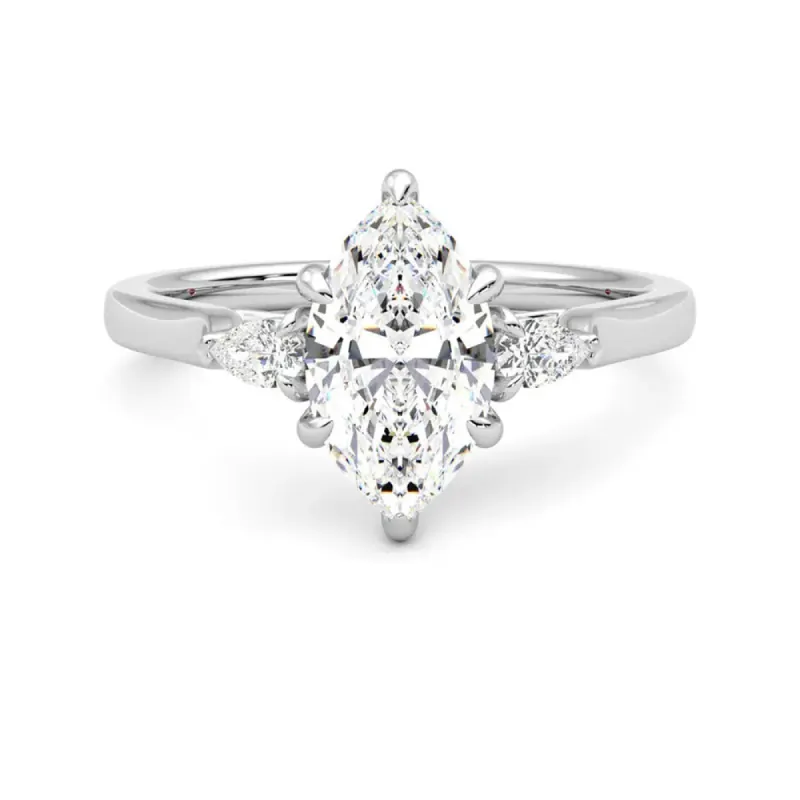 Three Stone Marquise Cut Moissanite Engagement Ring with Hidden Anniversary Stone Accent sold by MSBLUE Jewelry