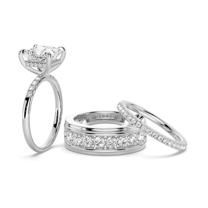 Princess Cut Hidden Halo Moissanite Couple's Ring Set with Men's Wedding Band sold by MSBLUE Jewelry