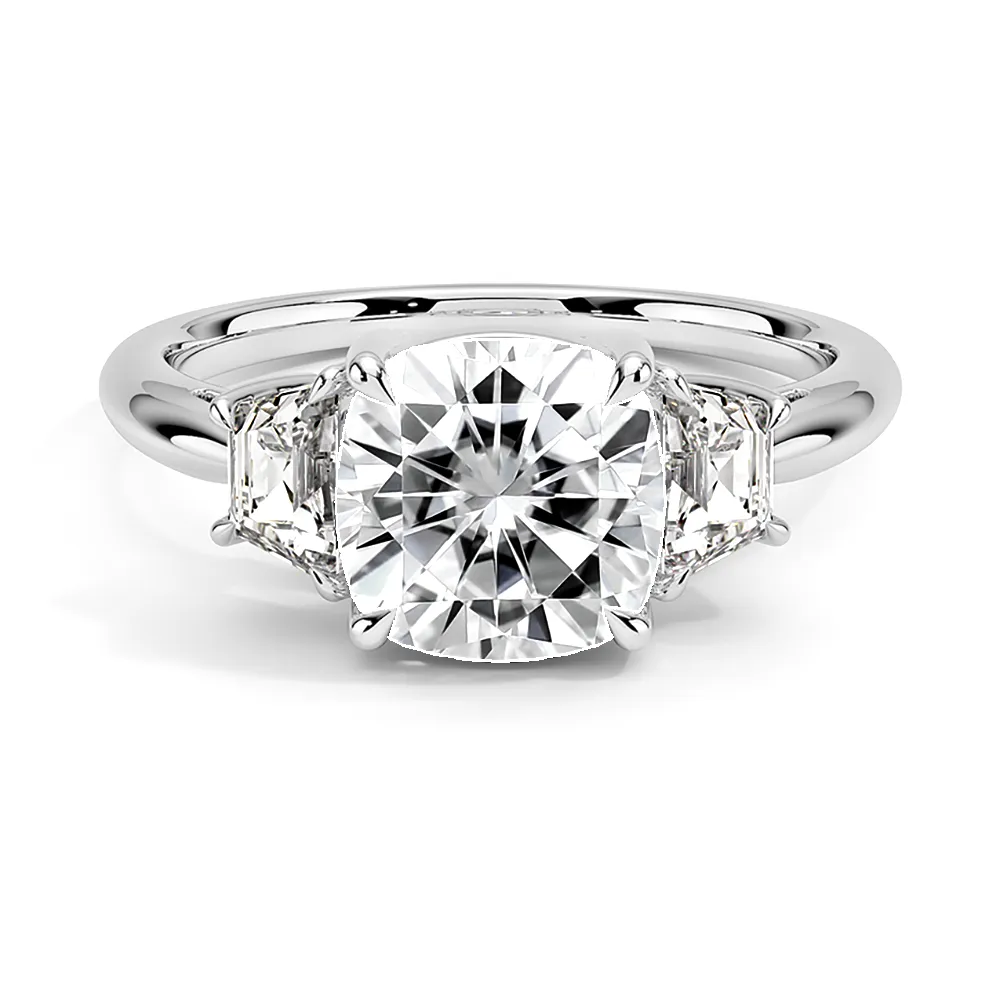 Three-Stone Cushion Engagement Ring With Half-Moon Sidestones sold by MSBLUE Jewelry