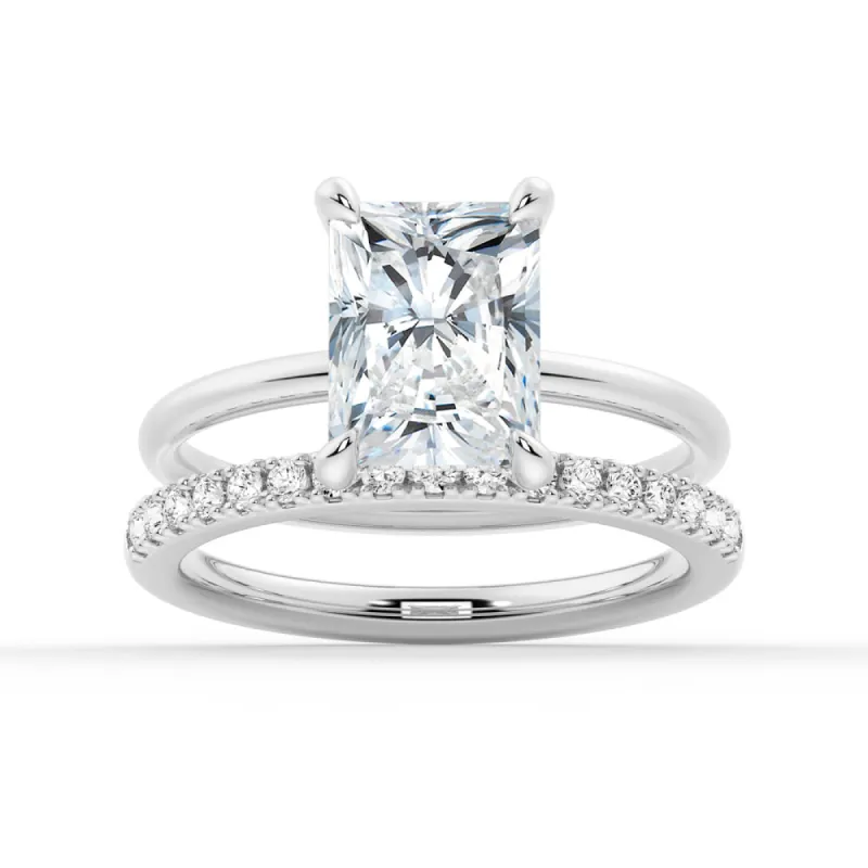 Four-Prong Radiant Solitaire Moissanite Ring Set with Matching Wedding Band sold by MSBLUE Jewelry