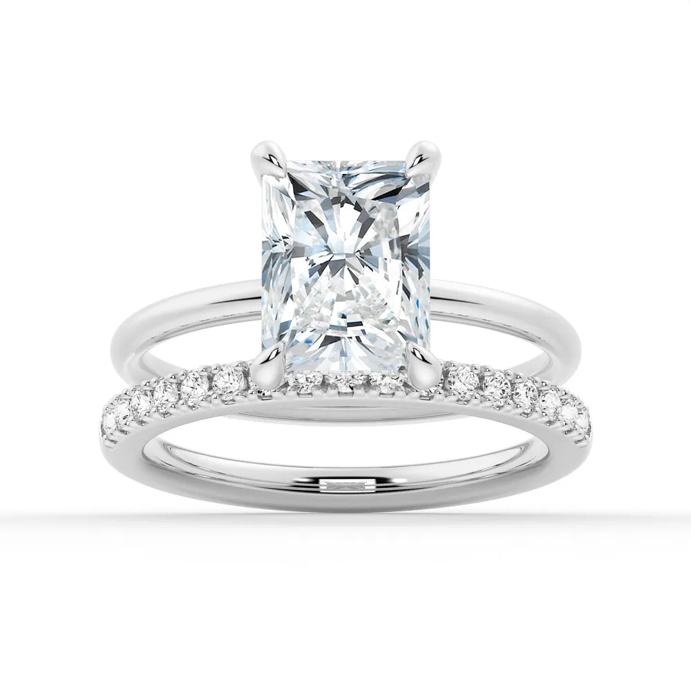 Four-Prong Radiant Solitaire Moissanite Ring Set with Matching Wedding Band sold by MSBLUE Jewelry