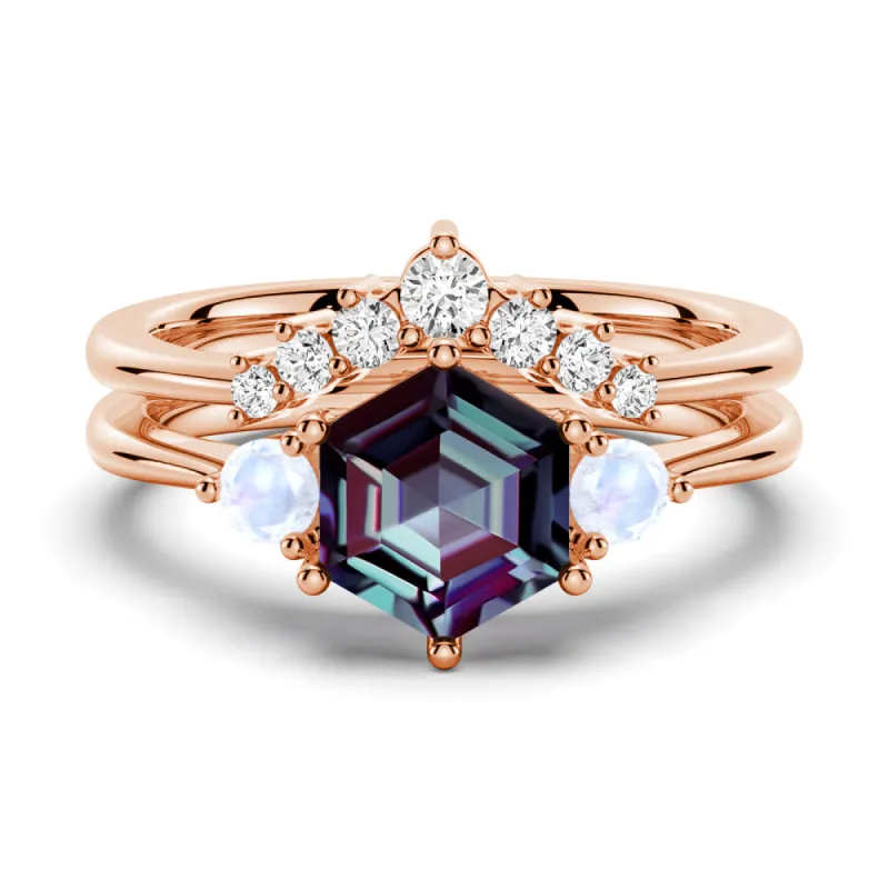 1.5 CT. Hexagon Cut Unique Alexandrite Moonstone Three Stone Engagement Ring Set sold by MSBLUE Jewelry