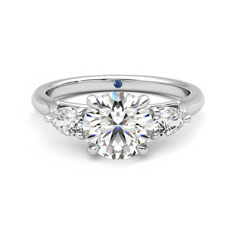Round Cut Three Stone Moissanite Engagement Ring with Hidden Anniversary Stone Accent sold by MSBLUE Jewelry
