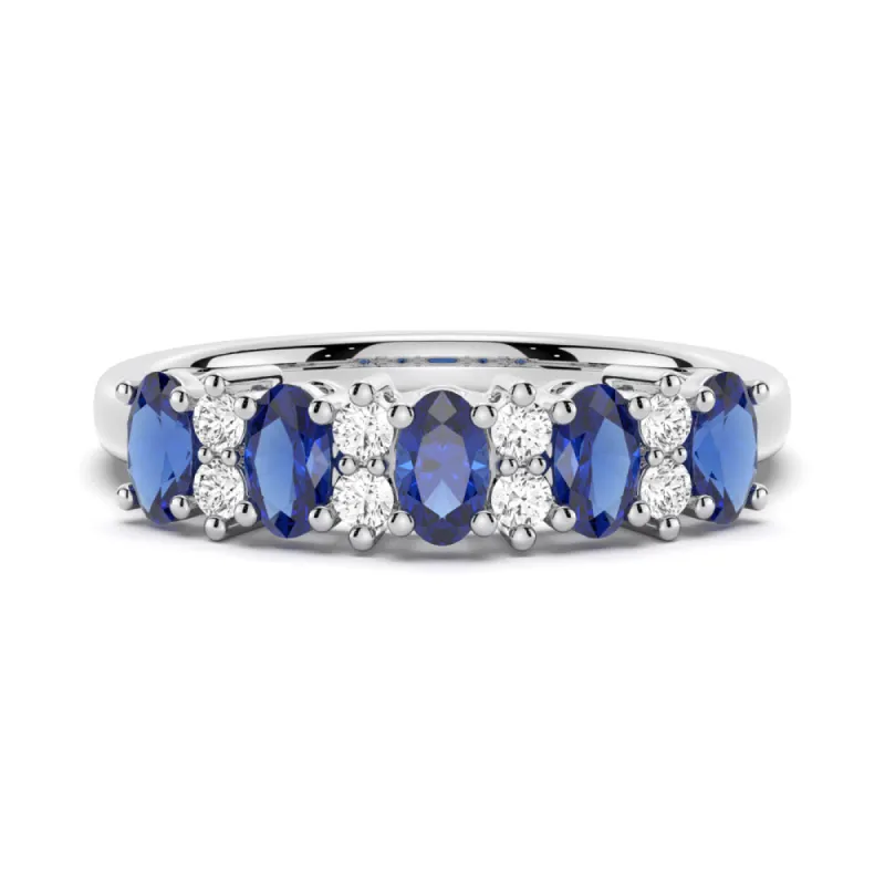 Blue Sapphire and White Sapphire Five Stone Wedding Ring sold by MSBLUE Jewelry