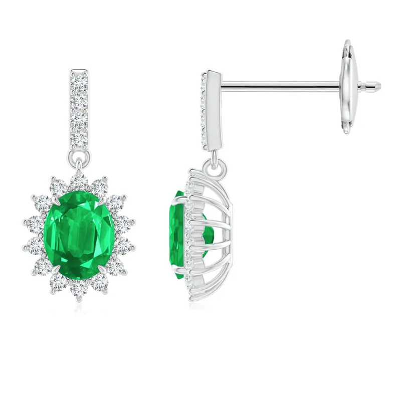 1.18 CT. Emerald Dangle Earrings with Floral Pavé Halo sold by MSBLUE Jewelry