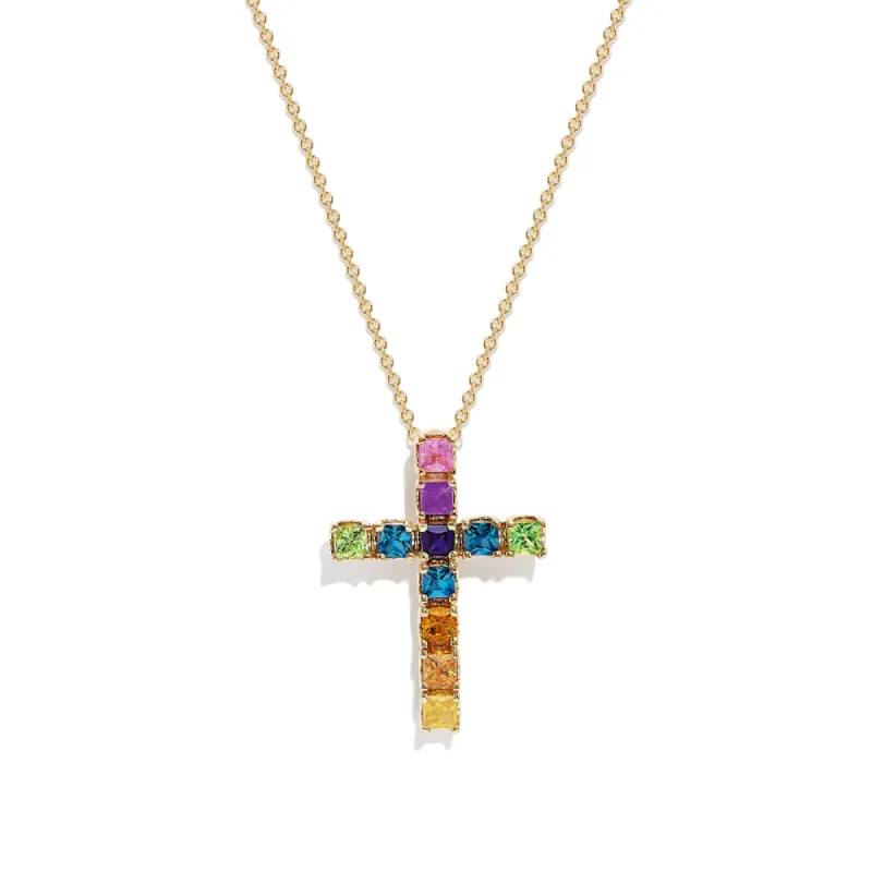 Multi Color Square Rainbow Gemstones Cross Necklace Pendant sold by MSBLUE Jewelry