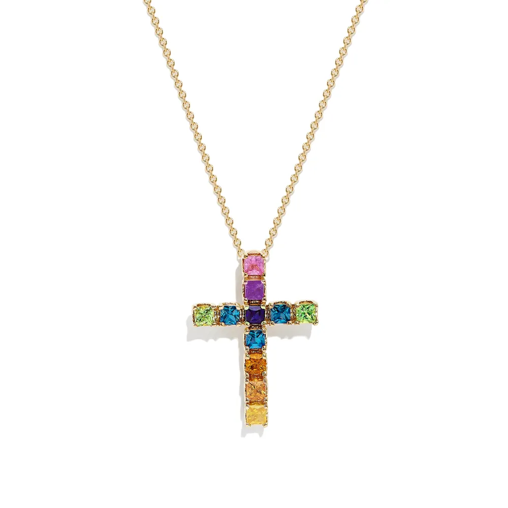 Multi Color Square Rainbow Gemstones Cross Necklace Pendant sold by MSBLUE Jewelry