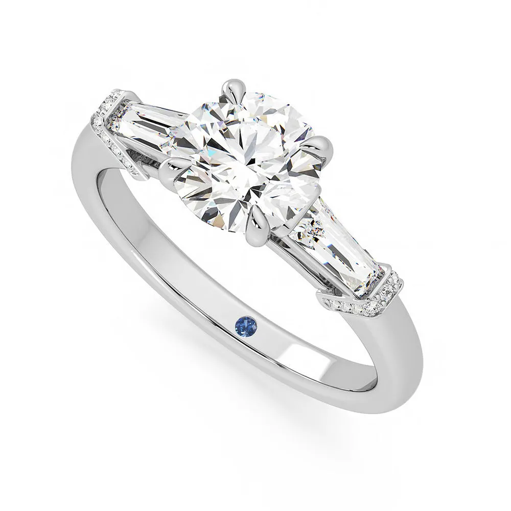 Three Stone Round Moissanite Engagement Ring with Hidden Anniversary Stone and Baguette Side Stones sold by MSBLUE Jewelry product image thumbnail 2