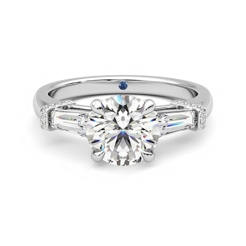 Three Stone Round Moissanite Engagement Ring with Hidden Anniversary Stone and Baguette Side Stones sold by MSBLUE Jewelry