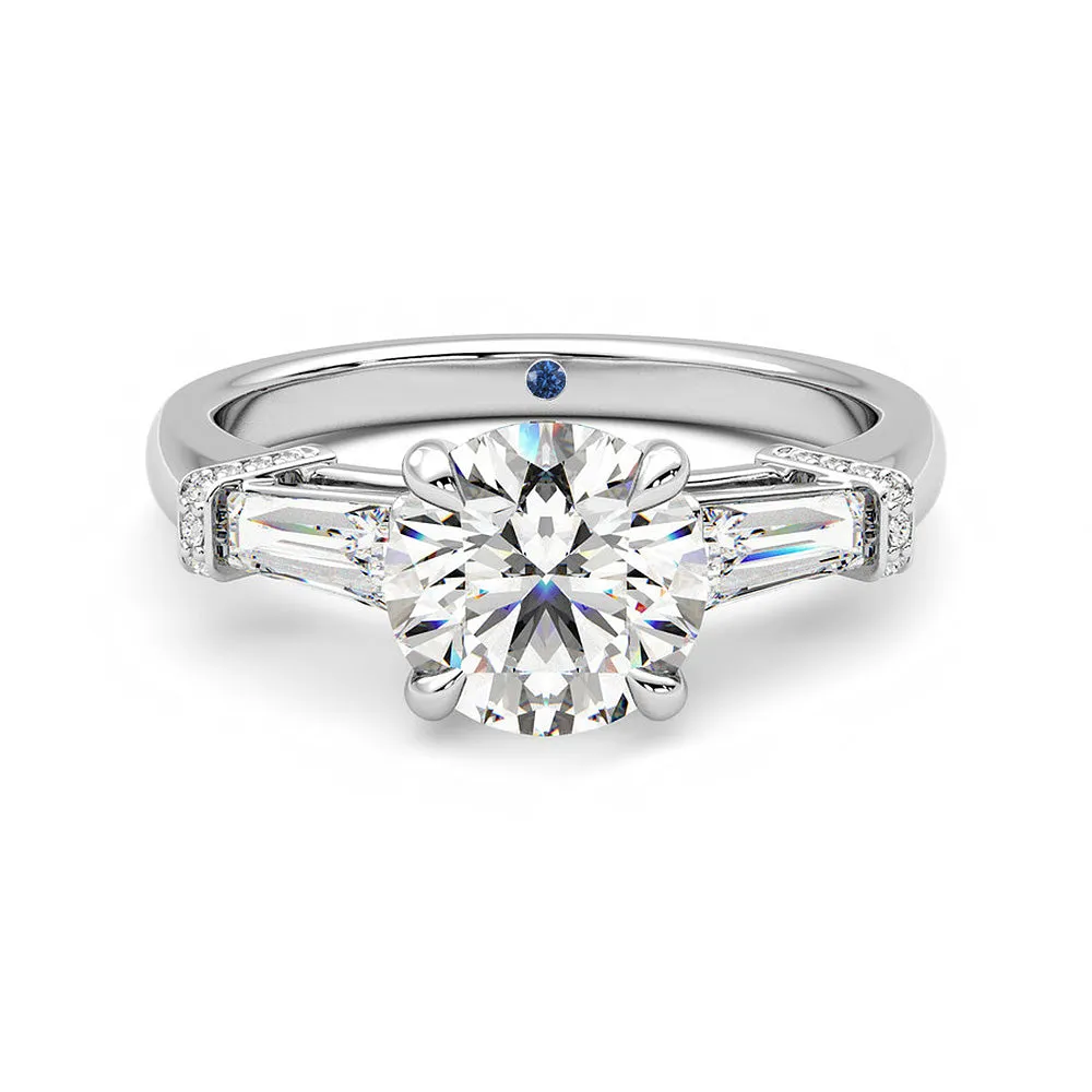 Three Stone Round Moissanite Engagement Ring with Hidden Anniversary Stone and Baguette Side Stones sold by MSBLUE Jewelry
